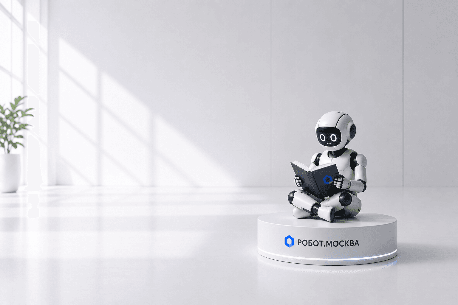 Робот РОБОТ.МОСКВА с книгой на подиуме
